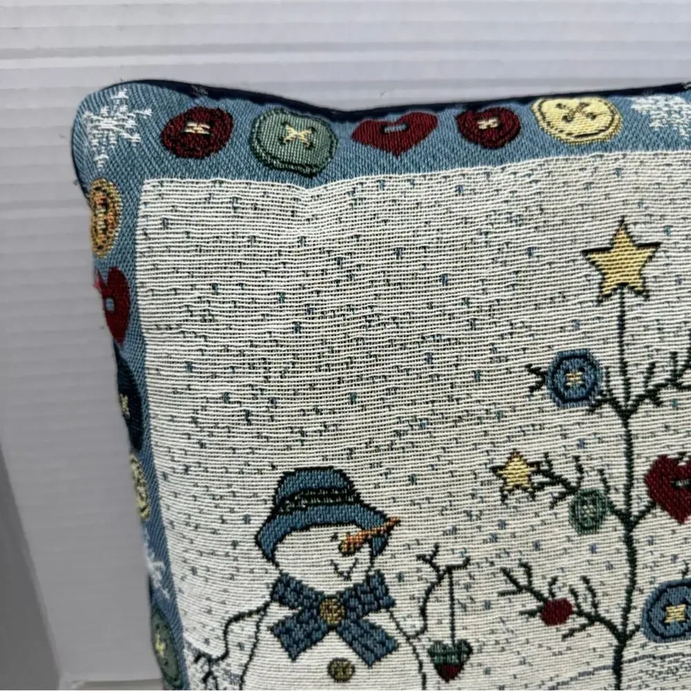 Vintage Needlepoint Snowman Christmas Holiday Pillow Accent Blue White 90s